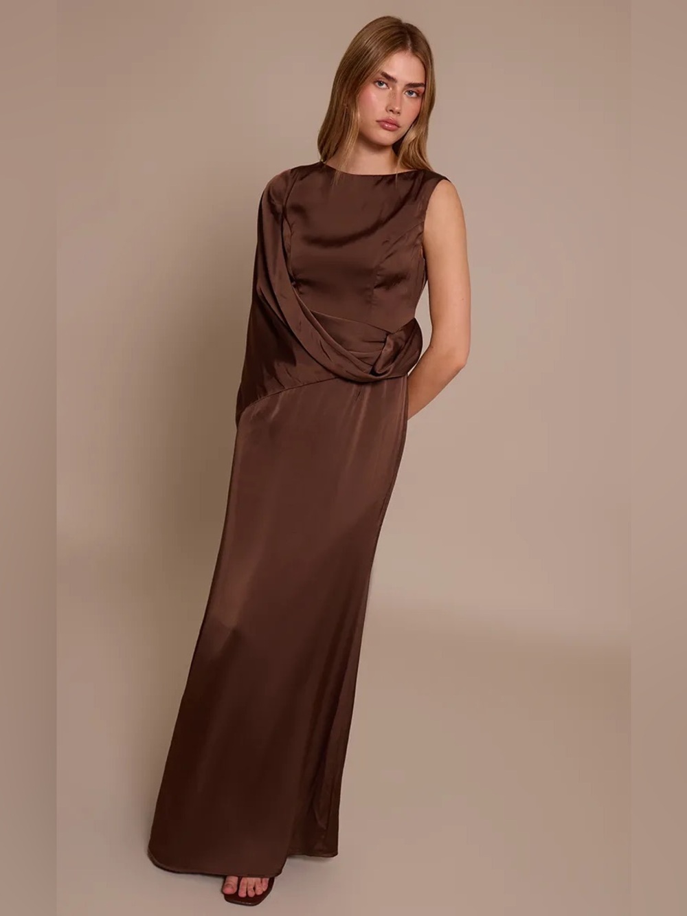 PrettyLittleThing Chocolate Brown Asymmetrical Cape Detail Boat Neck Maxi Dress